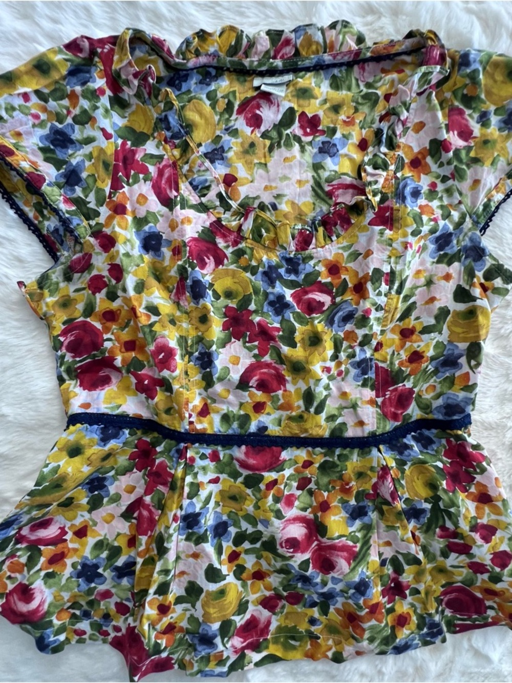 Odille Floral Cotton Blouse in Yellow, Green, Pink Peplum Zipper side Ruffle